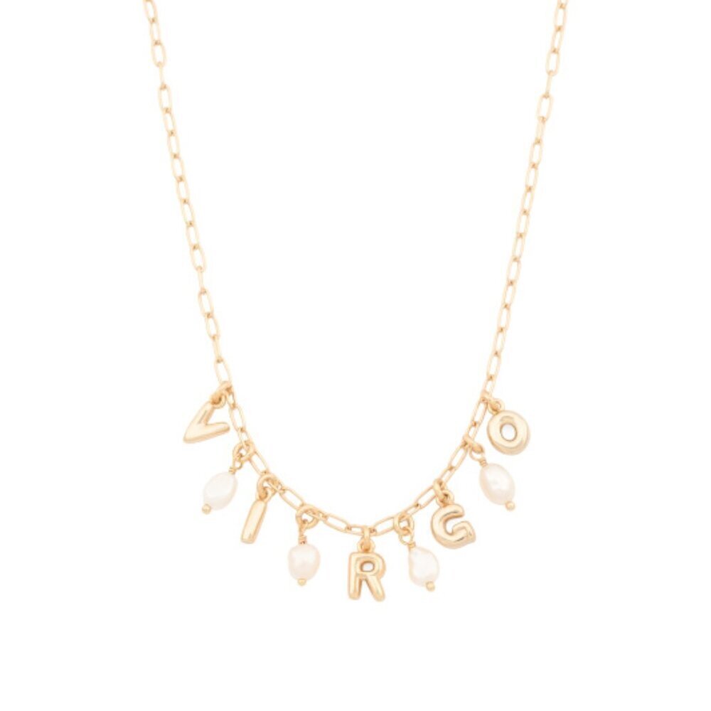 NWT LUNA NORTE Virgo Gold Tone Pearl Astrological Lettering Necklace w/ Gift Box